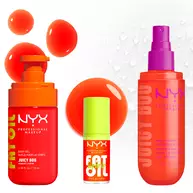 Three NYX Professional Makeup Juicy Boo products on a light background with glossy orange and clear bubbles: Fat Oil body oil, hair & body fragrance mist, and Fat Oil Lip Drip with a lime green cap.