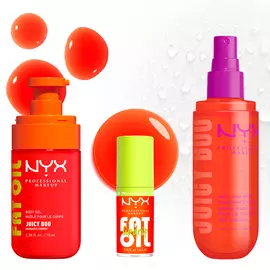 Three NYX Professional Makeup Juicy Boo products on a light background with glossy orange and clear bubbles: Fat Oil body oil, hair & body fragrance mist, and Fat Oil Lip Drip with a lime green cap.