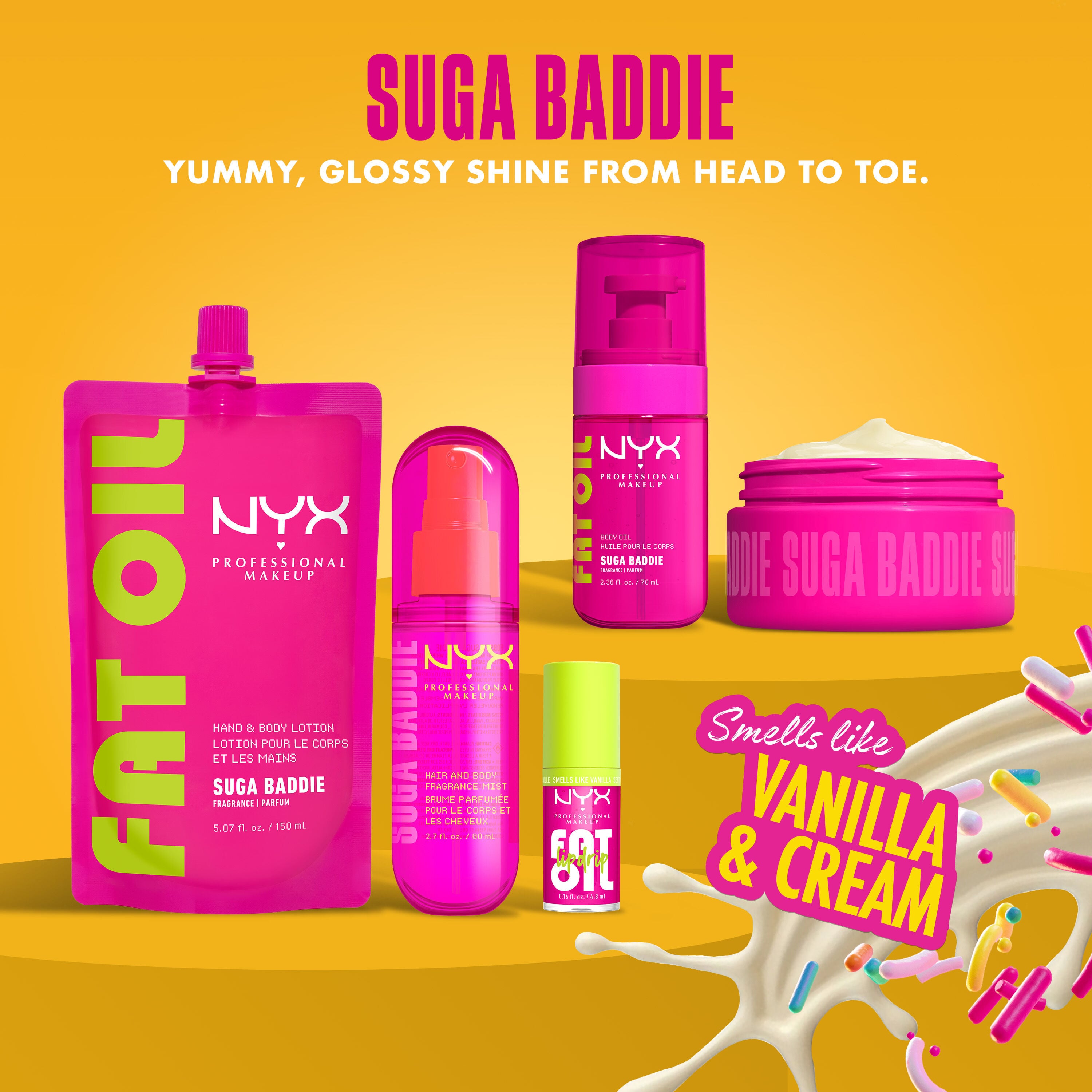 Suga Baddie NYX Professional Makeup FAT OIL collection on orange background featuring Body & Hair Mist and lip and body care products.