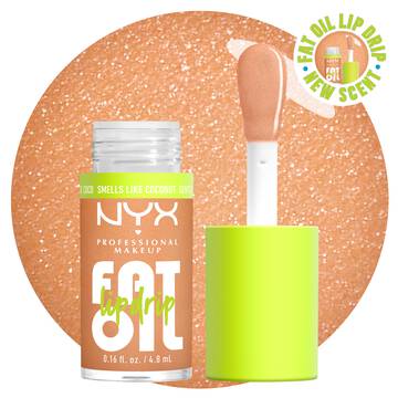 NYX Professional Makeup Fat Oil Lip Drip in coconut shade with applicator wand, showing glossy nude shimmer formula and hydrating lip oil finish.