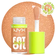 NYX Professional Makeup Fat Oil Lip Drip in coconut shade with applicator wand, showing glossy nude shimmer formula and hydrating lip oil finish.