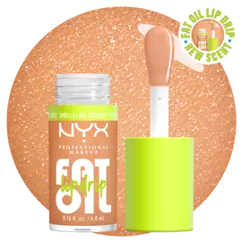 NYX Professional Makeup Fat Oil Lip Drip in coconut shade with applicator wand, showing glossy nude shimmer formula and hydrating lip oil finish.