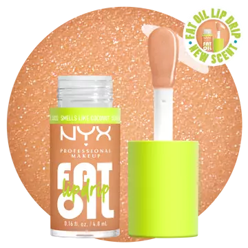NYX Professional Makeup Fat Oil Lip Drip in coconut shade with applicator wand, showing glossy nude shimmer formula and hydrating lip oil finish.