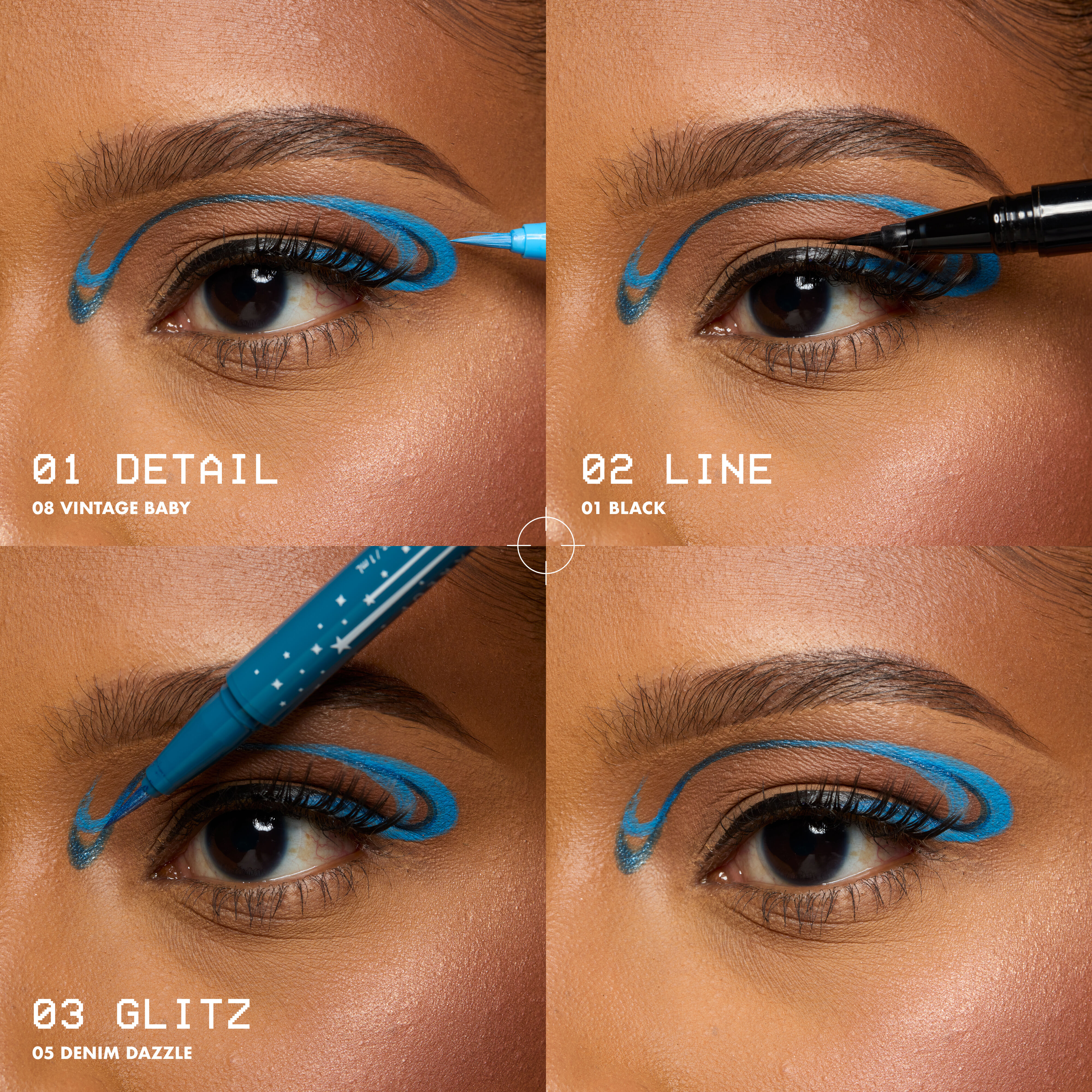 Collage showing 3-step liner look with Epic Ink Liquid Liner in Vintage Baby, Black, and Denim Dazzle