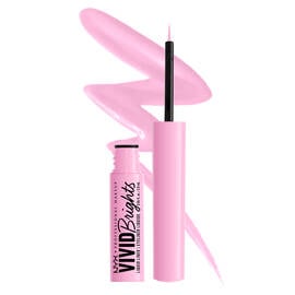 Sneaky Pink Vivid Brights Colored Liquid Eyeliner bottle on white background and eyeliner squiggle