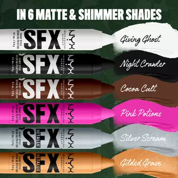 NYX Professional Makeup Party Animals SFX Face & Body Paint Sticks in six shades: white, black, brown, pink, metallic silver and metallic gold.