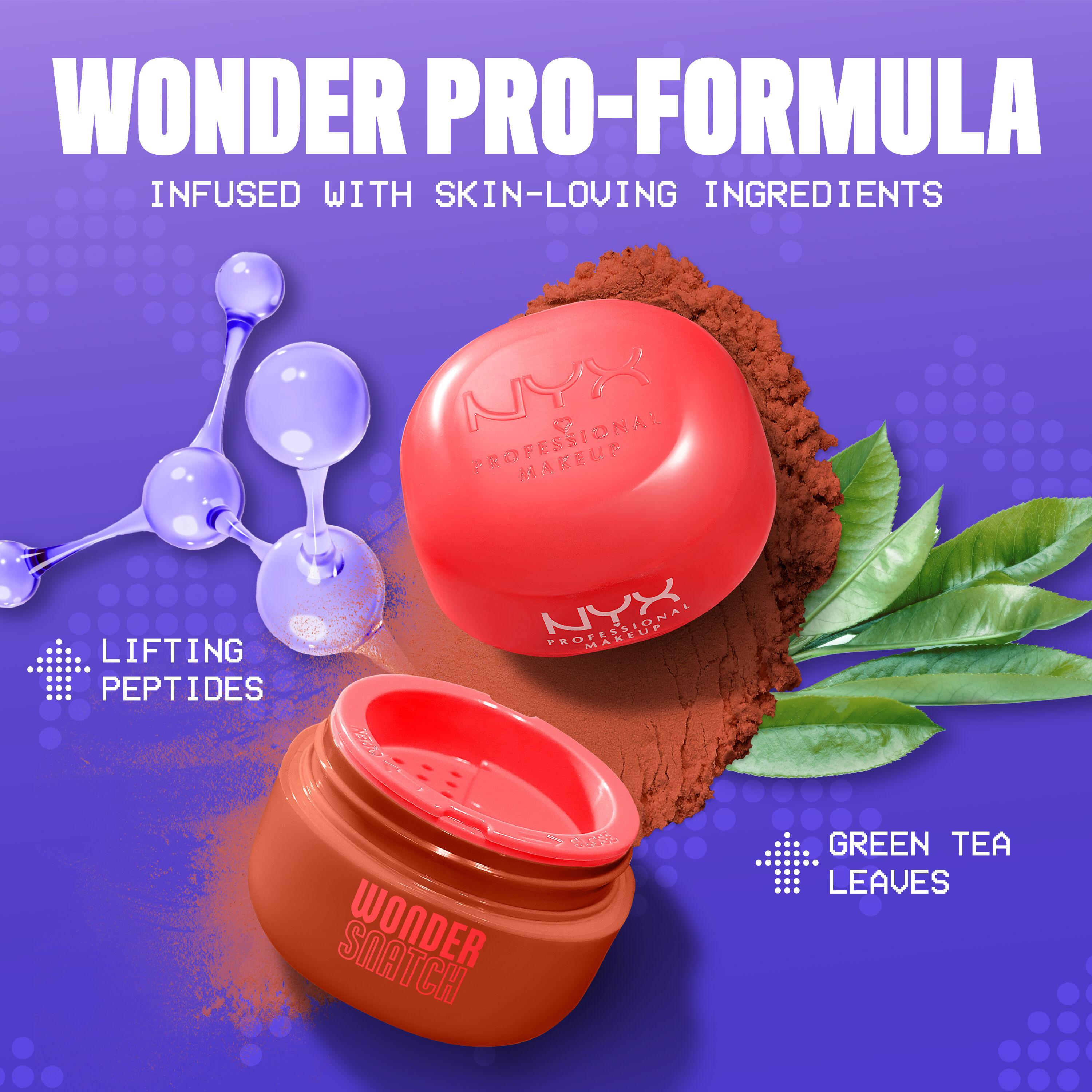 Open Wonder Snatch Setting Powder in translucent deep shade Cacao Craze with spilled powder, green tea leaves, and peptides