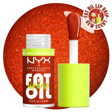 NYX Professional Makeup Fat Oil Lip Drip in Caramelt Mami with applicator wand, showing glossy bronze shimmer formula and bright neon cap packaging.