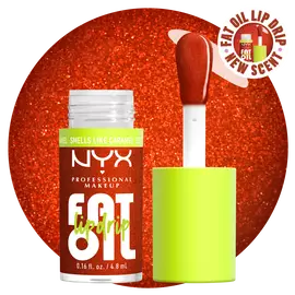 NYX Professional Makeup Fat Oil Lip Drip in Caramelt Mami with applicator wand, showing glossy bronze shimmer formula and bright neon cap packaging.