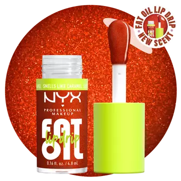 NYX Professional Makeup Fat Oil Lip Drip in Caramelt Mami with applicator wand, showing glossy bronze shimmer formula and bright neon cap packaging.