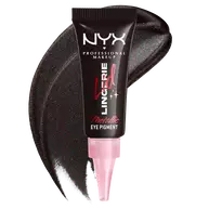 NYX Professional Makeup Party Animals Lid Lingerie Cream Eye Pigment in Gothic Garter, shown with a deep metallic black swatch.