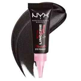 NYX Professional Makeup Party Animals Lid Lingerie Cream Eye Pigment in Gothic Garter, shown with a deep metallic black swatch.