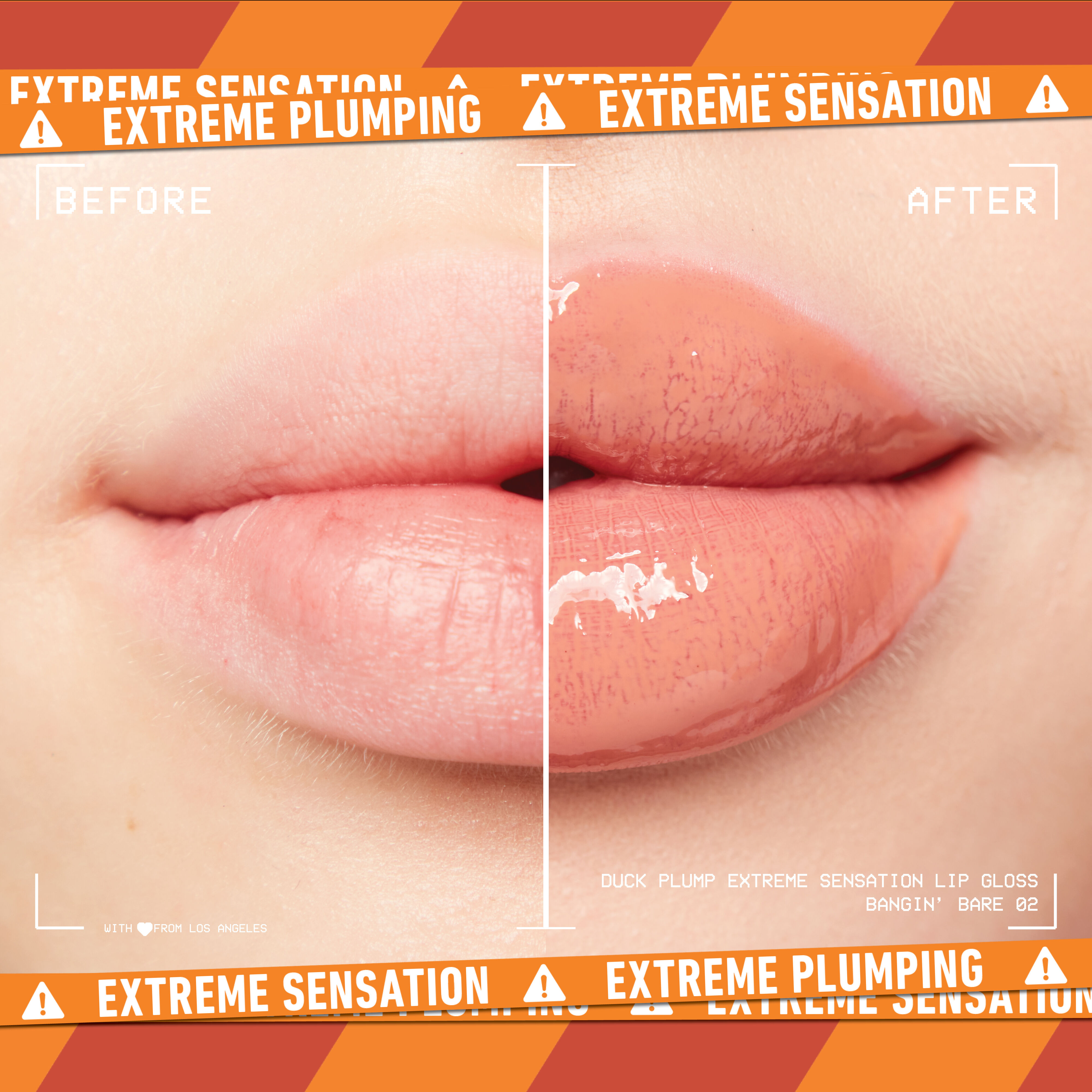 before and after image of lips with Duck Plump Lip Plumping Gloss