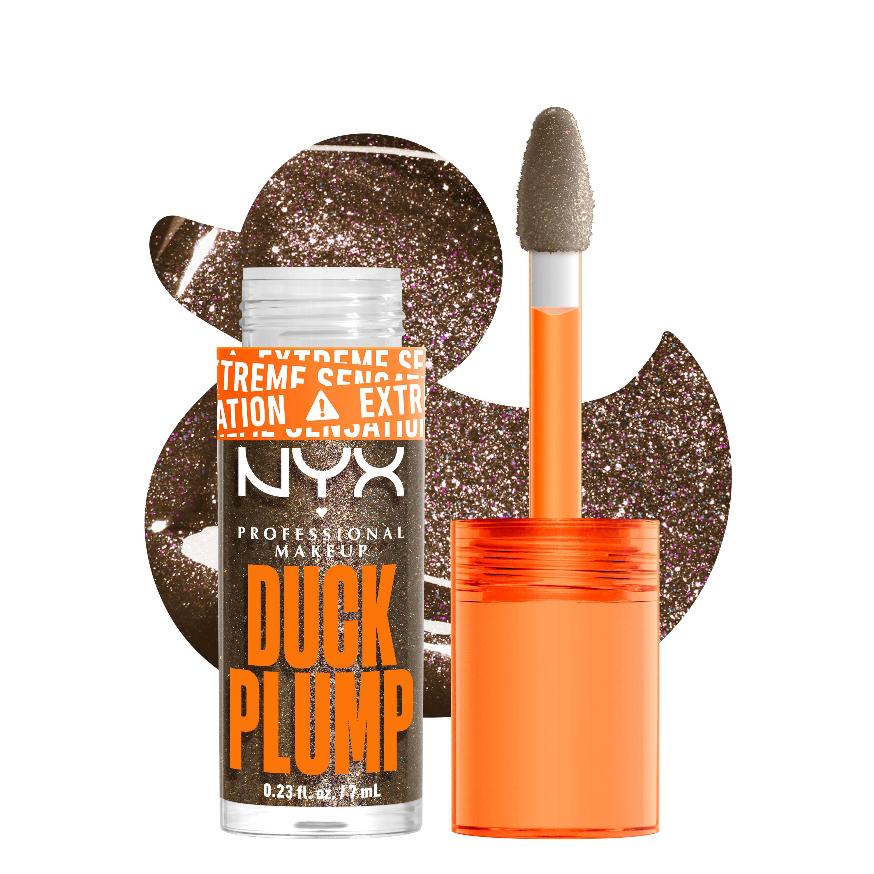 Duck Plump glitter holographic lip gloss bottle and applicator with duck cutout background