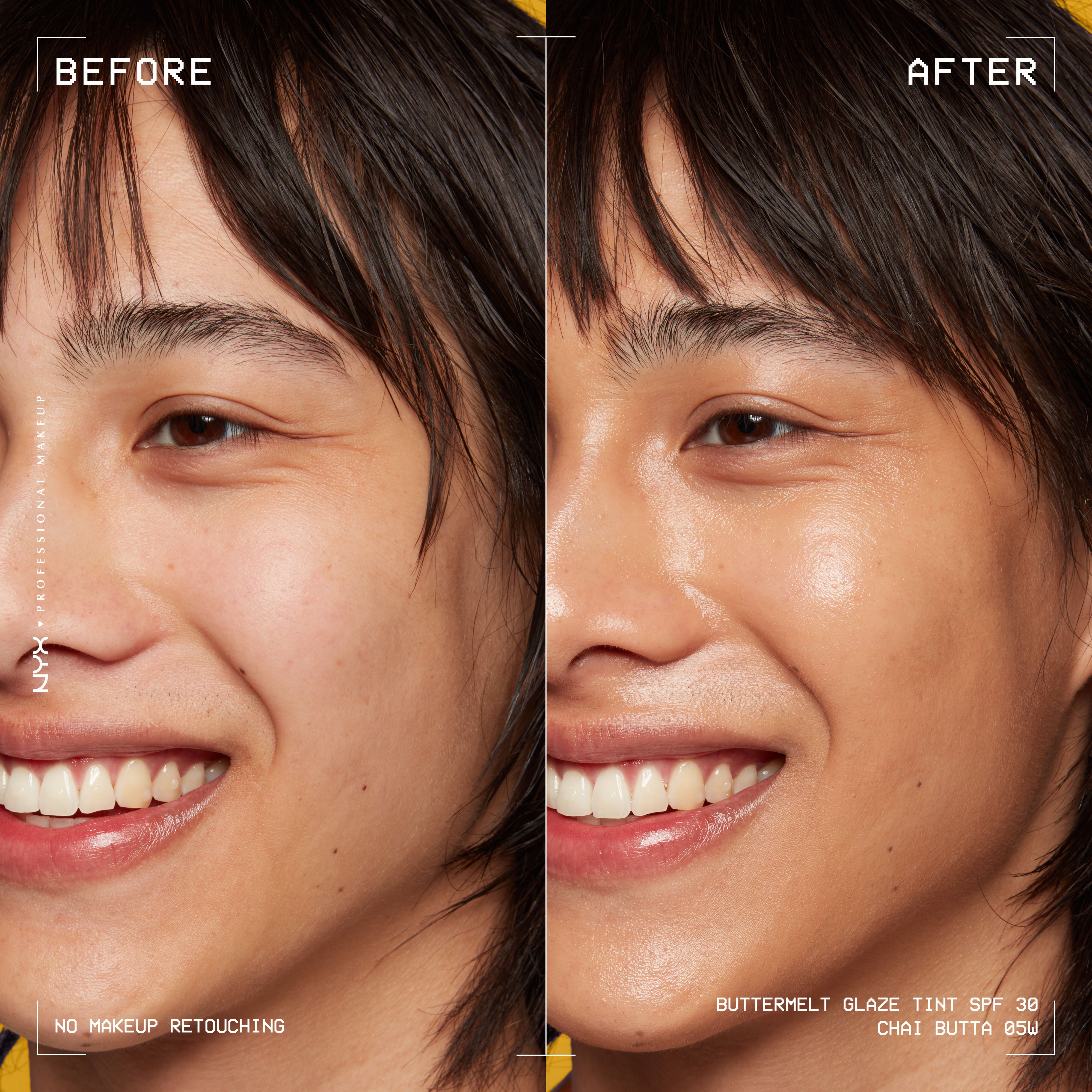 before and after images of person wearing Buttermelt Glaze Skin Tint with SPF 30