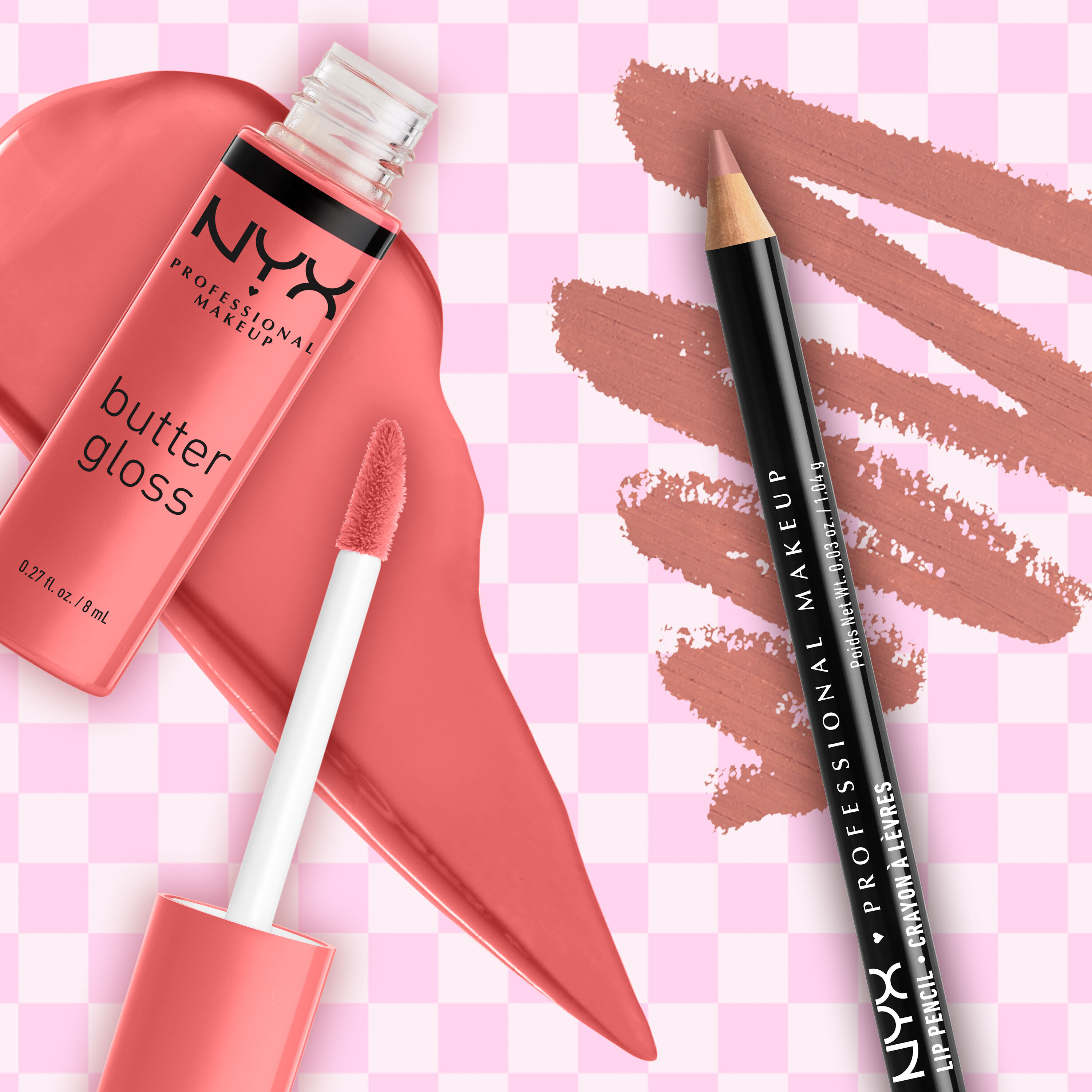 NYX Professional Makeup Slim Lip Pencil in 858 Nude Pink and Butter Gloss in 05 Creme Brulee displayed in a flatlay with swatches on a pink check background.