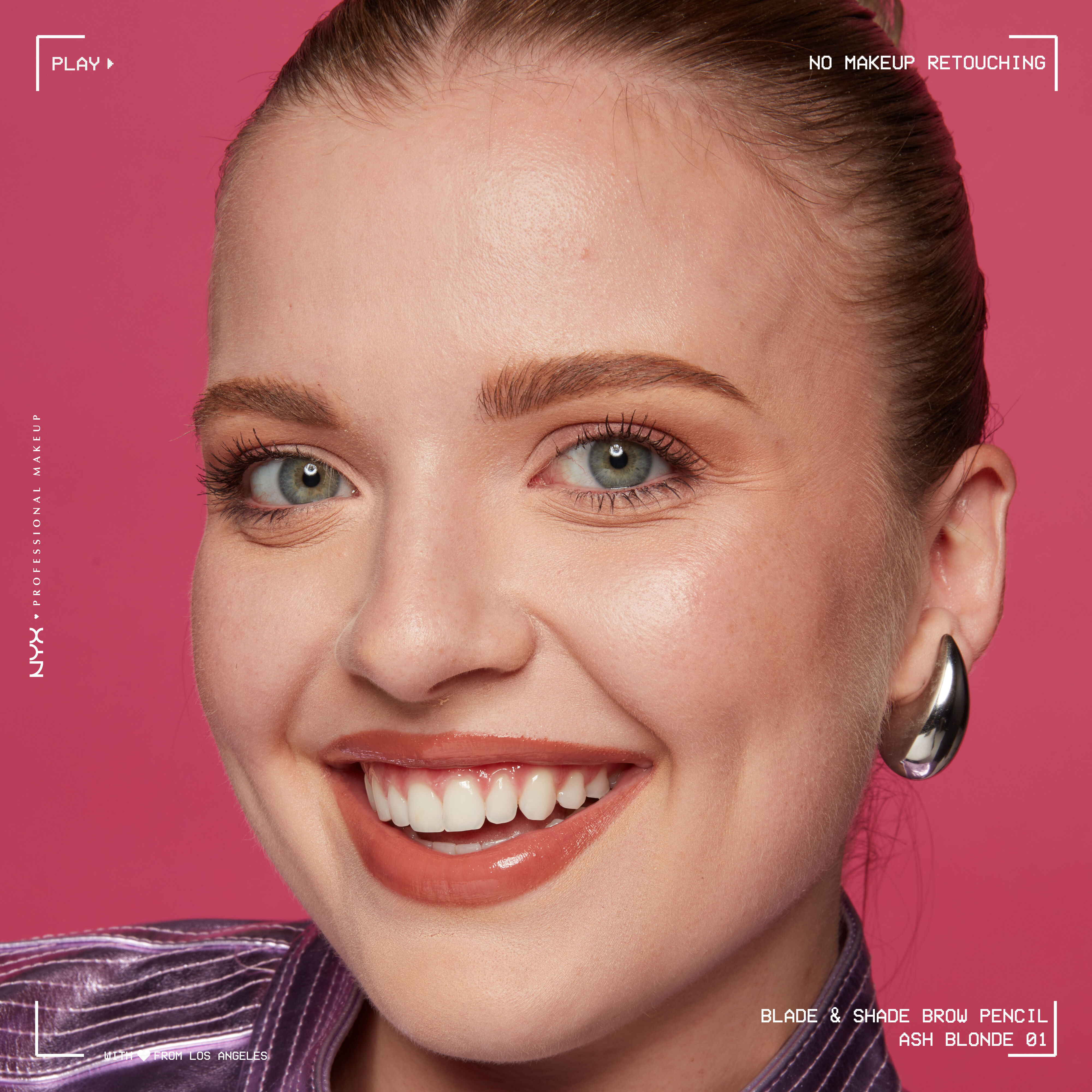 woman wearing Blade & Shade Nano Brow Pencil on pink background