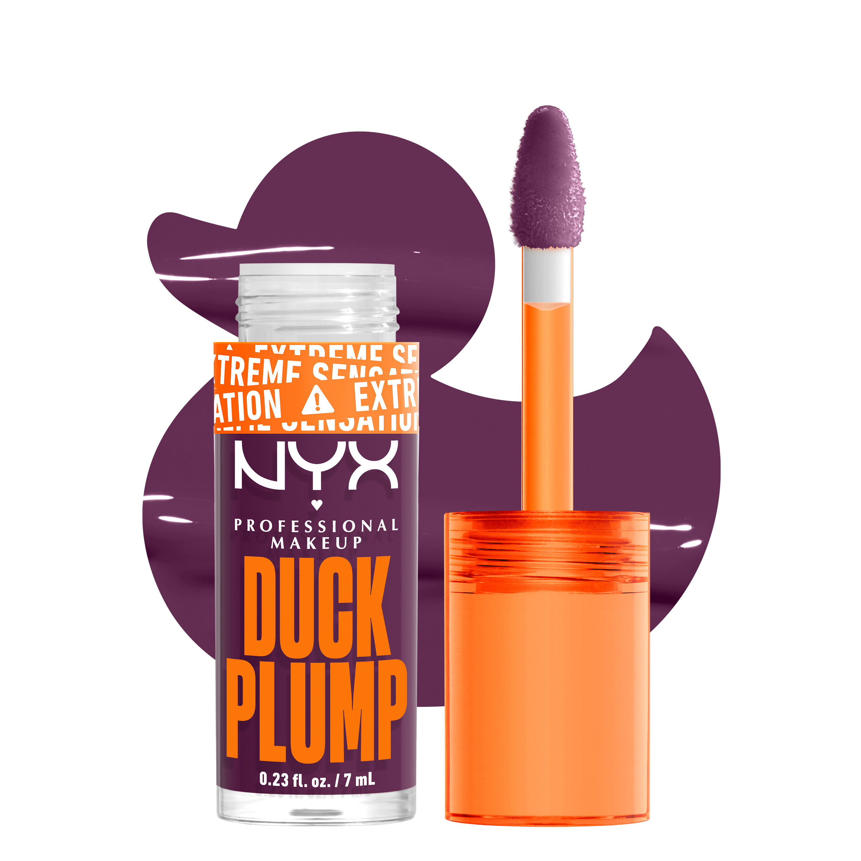 Duck Plump lip gloss bottle and applicator with duck cutout background