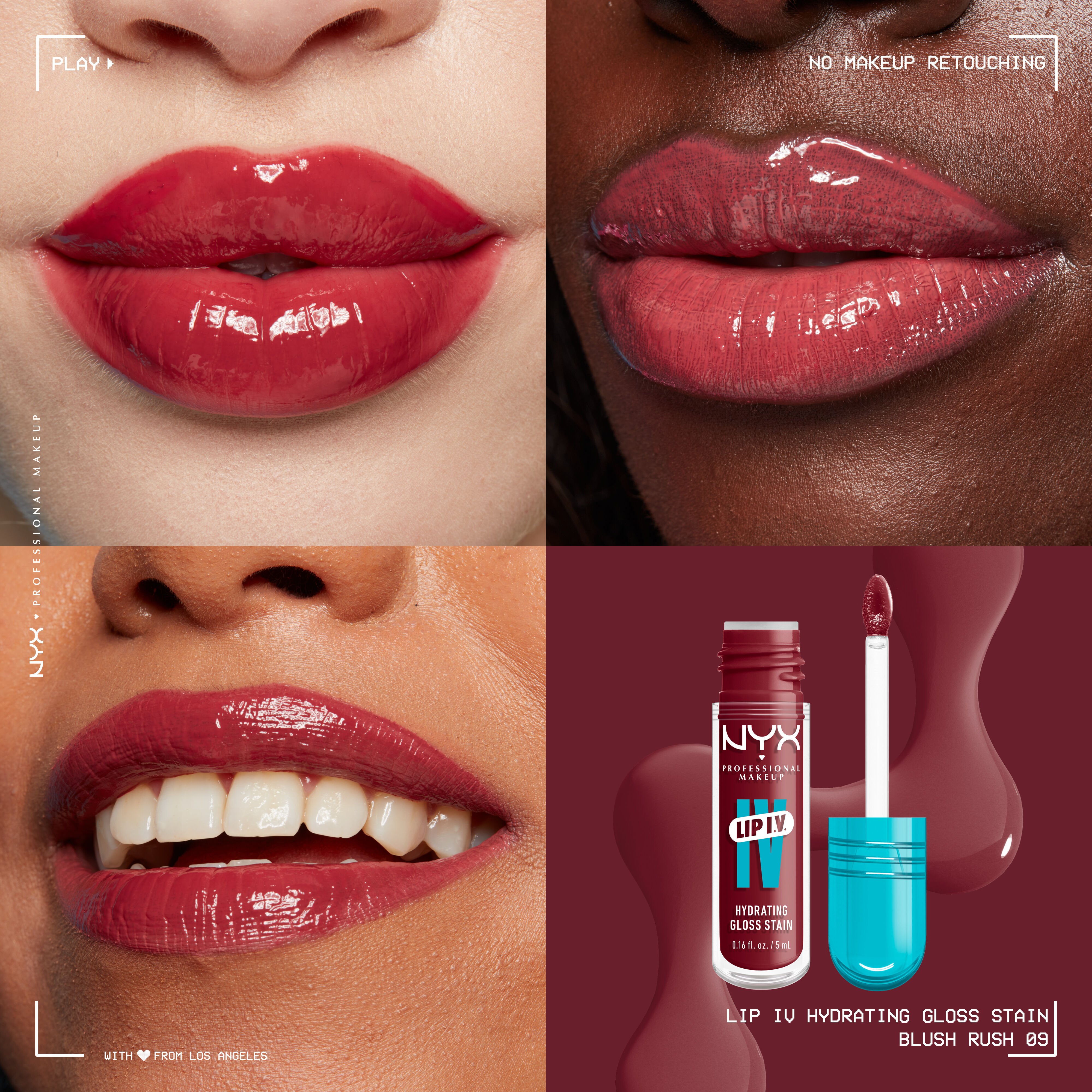 Lip I.V. Hydrating Lip Stain Gloss on three different skin tones