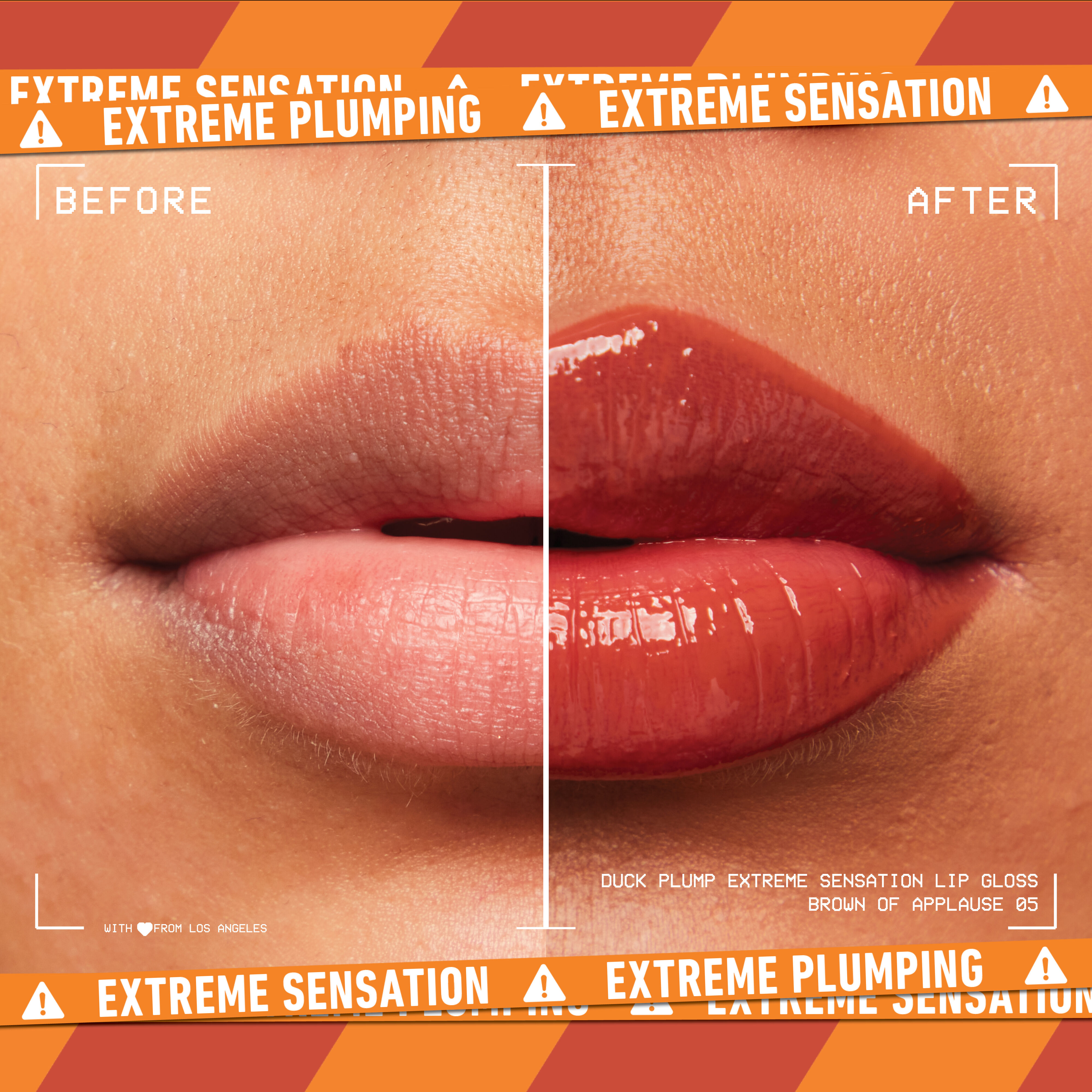 before and after image of lips with Duck Plump Lip Plumping Gloss