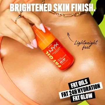 Model's glowing shoulder and arm with body oil applied with text: Brightened Skin Finish. LIghtweight Feel.