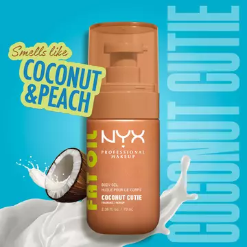 Coconut & Peach scent badge on teal background for NYX Professional Makeup Coconut Cutie Body Oil.