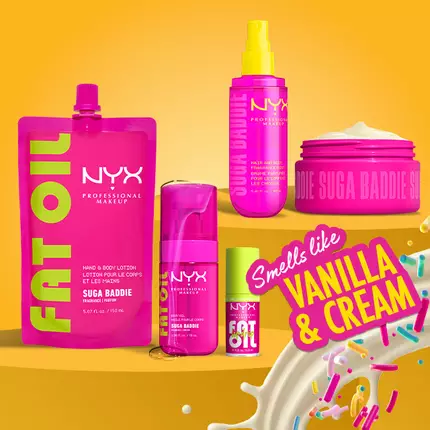 Product shot showing the entire Suga Baddie Body Care Collection from NYX Professional Makeup with callout: smells like vanilla & cream.