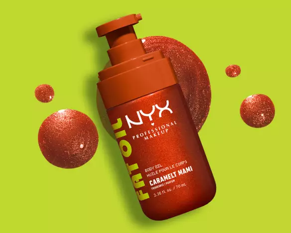 Product shot of Caramelt Mami Body Oil with droplets against lime green background as step 2 of body care routine.