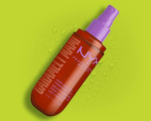 Product shot of Caramelt Mami Hair & Body Fragrance Mist against lime green background as step 3 of body care routine.
