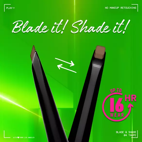 dual-edged tip of Blade & Shade Nano Brow Pencil with text “dual-edged tip for nano-bladed brows