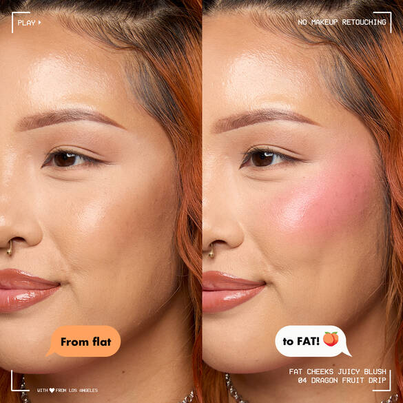 Before and after of model before applying liquid blush vs after with Fat Cheeks Juicy Blush in shade Dragon Fruit Drip
