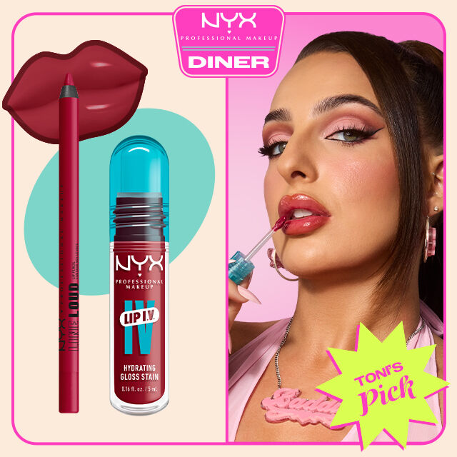 NYX Professional Makeup Line Loud Lip Pencil and Lip IV Hydrating Gloss Stain shown beside a model applying red gloss, with NYX Diner logo and Toni’s Pick badge on a pink background