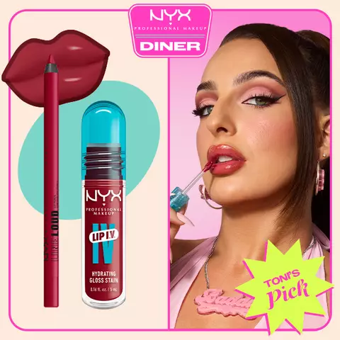 NYX Professional Makeup Line Loud Lip Pencil and Lip IV Hydrating Gloss Stain shown beside a model applying red gloss, with NYX Diner logo and Toni’s Pick badge on a pink background