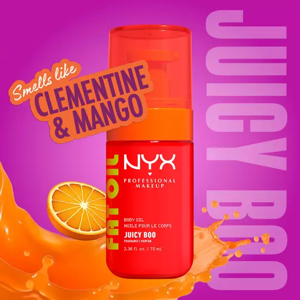 NYX Professional Makeup Fat Oil Body Oil in Juicy Boo scent, bright orange bottle, with clementine slice and mango splash, labeled as smelling like clementine and mango, on a purple background.