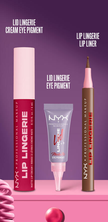 A shot of all three products in the Lingerie family from NYX Professional Makeup: liquid matte lipstick, eye pigment, and lip liner against a dark purple background.