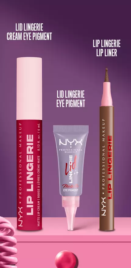 A shot of all three products in the Lingerie family from NYX Professional Makeup: liquid matte lipstick, eye pigment, and lip liner against a dark purple background.