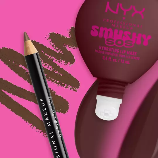 NYX Professional Makeup Slim Lip Pencil in Espresso paired with Smushy SOS tinted lip mask in Coconut Calm, with swatches