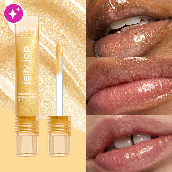 Packshot & 3 models with varying skin tones wearing Jelly Job Jelly Lip Gloss in shade 'Glow Job', a gold shimmer color
