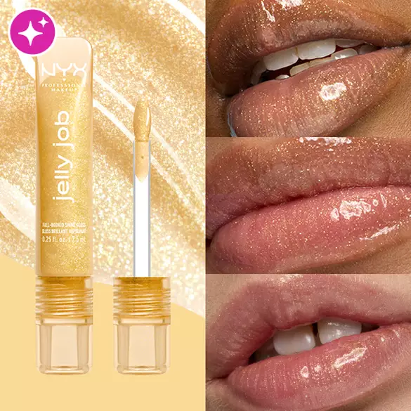 Packshot & 3 models with varying skin tones wearing Jelly Job Jelly Lip Gloss in shade 'Glow Job', a gold shimmer color