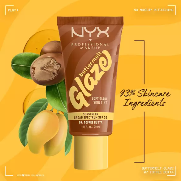 Buttermelt Glaze Skin Tint with shea and mango and text “93% skincare ingredients”
