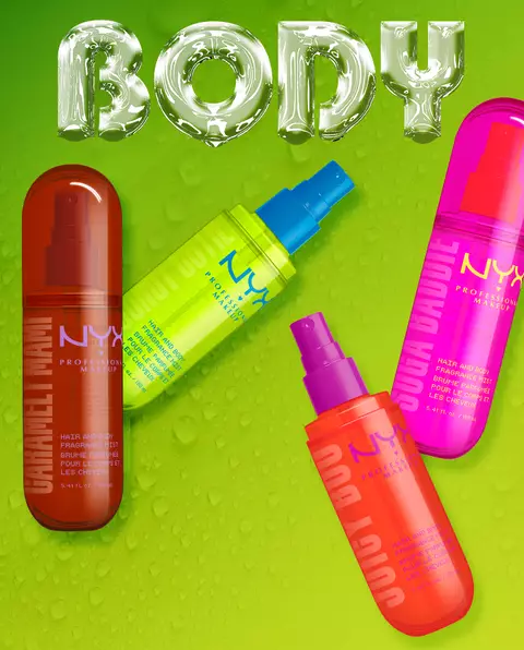 NYX Professional Makeup Hair and Body Fragrance Mists on a bright green background with water droplets, featuring colorful spray bottles and transparent inflated BODY lettering.