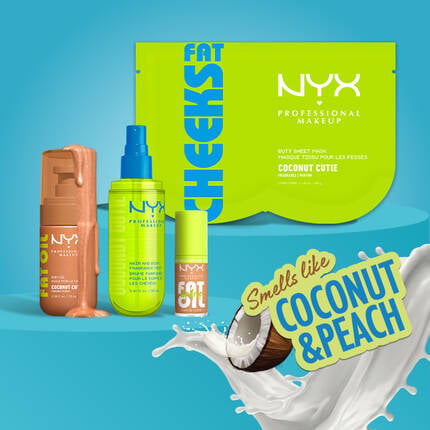 Product shot showing the entire Coconut Cutie Body Care Collection from NYX Professional Makeup with callout: smells like coconut & peach.