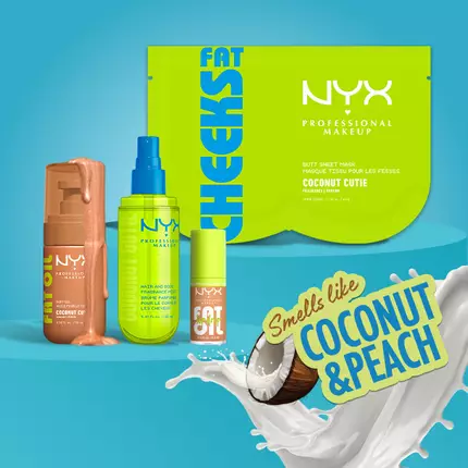 Product shot showing the entire Coconut Cutie Body Care Collection from NYX Professional Makeup with callout: smells like coconut & peach.