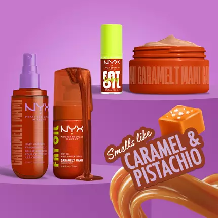 Product shot showing the entire Caramelt Mami Body Care Collection from NYX Professional Makeup with callout: smells like caramel & pistachio.