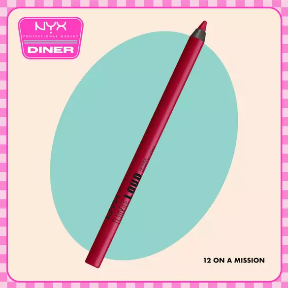 NYX Professional Makeup Lip IV Hydrating Gloss Stain in shade 10 Berry Thirsty displayed diagonally on a beige background with a teal oval and NYX Diner logo.