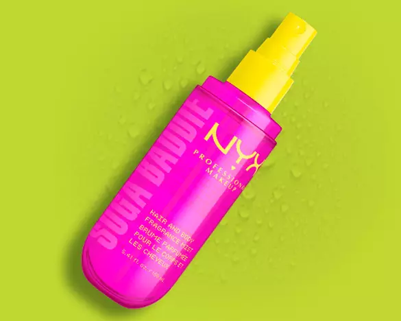 Product shot of Suga Baddie Hair & Body Fragrance Mist against lime green background as step 3 of body care routine.