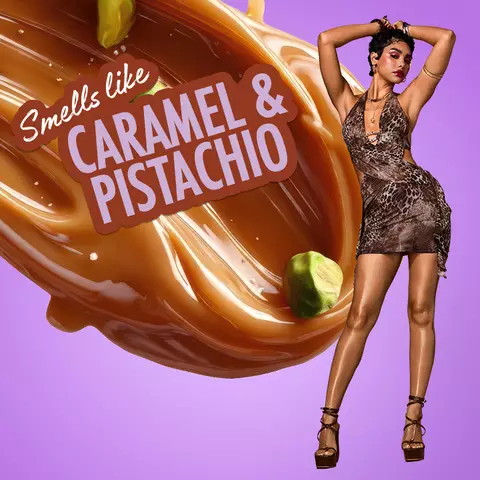 Flowing caramel with pistachios and bold Caramelt Mami text on a lavender and brown background.