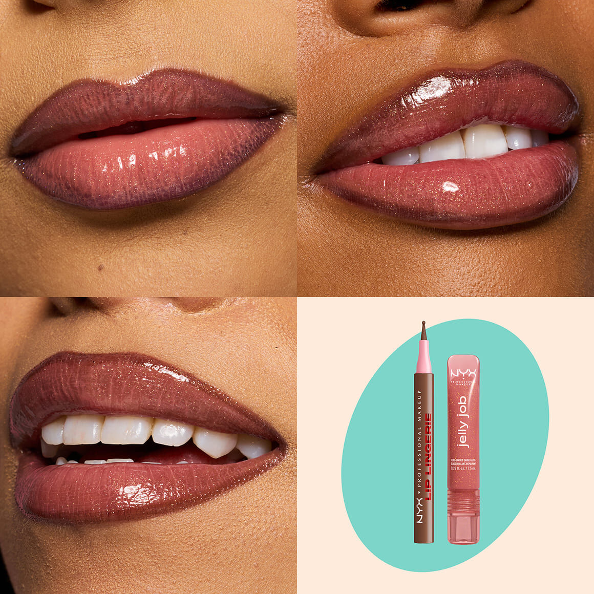 NYX Professional Makeup Lip Lingerie Lip Liner Stain in 06 Up to No Good and Jelly Job Full Bodied Shine Gloss in 05 Honey It’s Jelly shown on three glossy lip swatches with product packshot