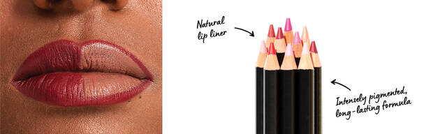 Close-up of a woman's lips wearing Longwear Slim Lip Pencil next to Slim Lip Pencil bundle
