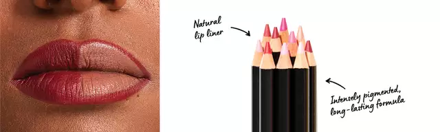 Close-up of a woman's lips wearing Longwear Slim Lip Pencil next to Slim Lip Pencil bundle